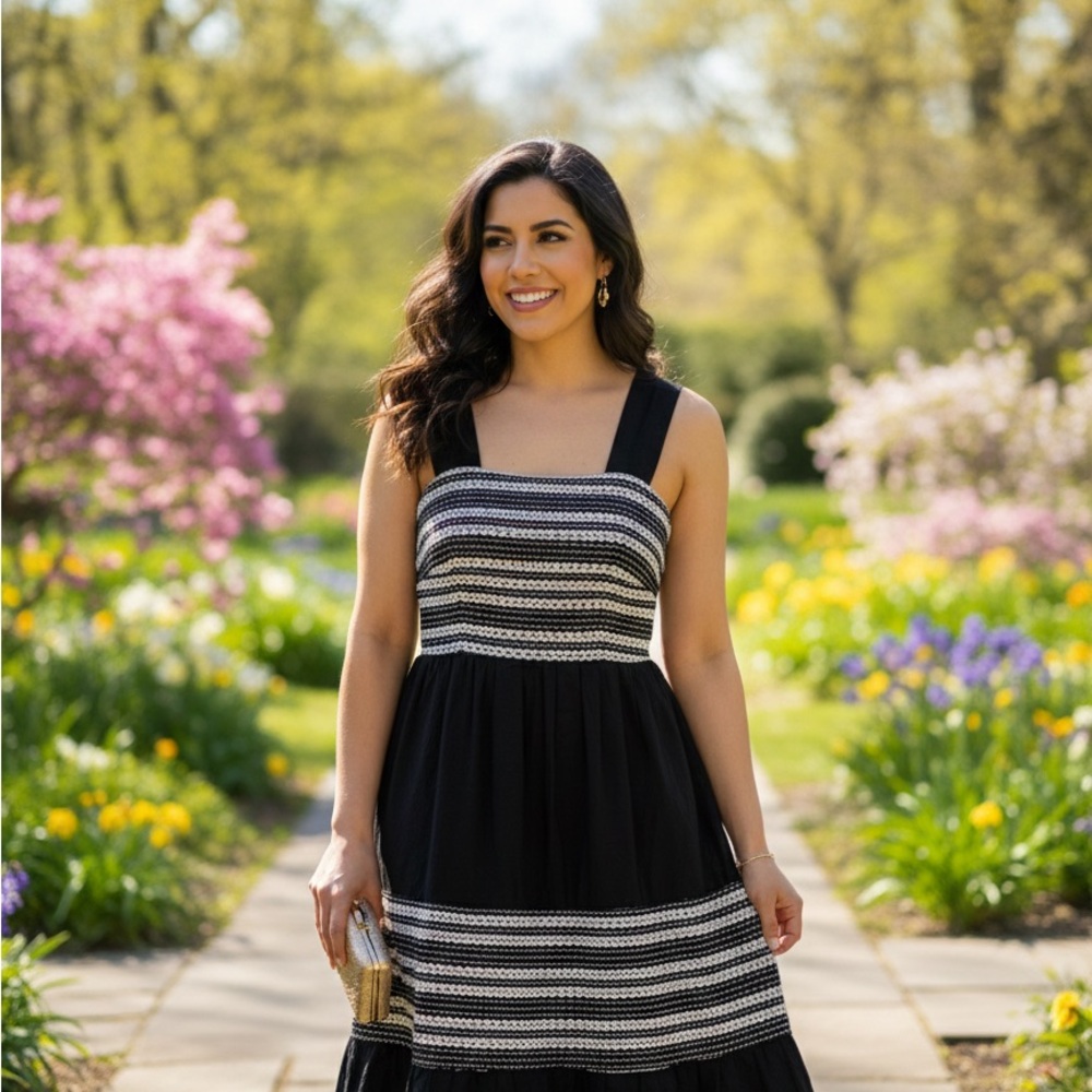 Country Road Black and White Patterned Midi Dress